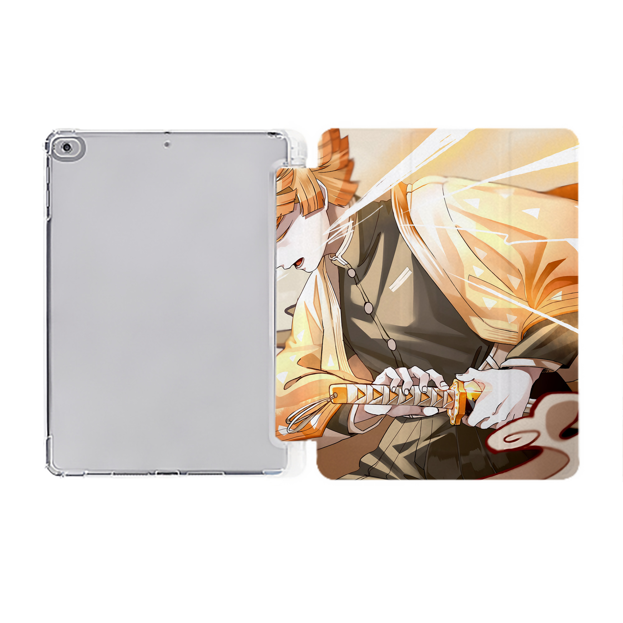 （画像用） 鬼滅の刃（きめつのやいば）我妻 善逸／あがつま ぜんいつ Agatsuma Zenitsu IPad ケース ペン収納付き 三つ折りスタンド PUレザー×シリコン 対応機種9.5/10.5/10.9インチ